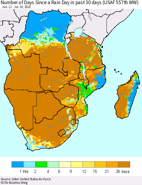 Southern Africa Number of Days Since a Rain Day in past 30 days (USAF 557th WW) Thematic Map For 7/6/2021 - 7/10/2021