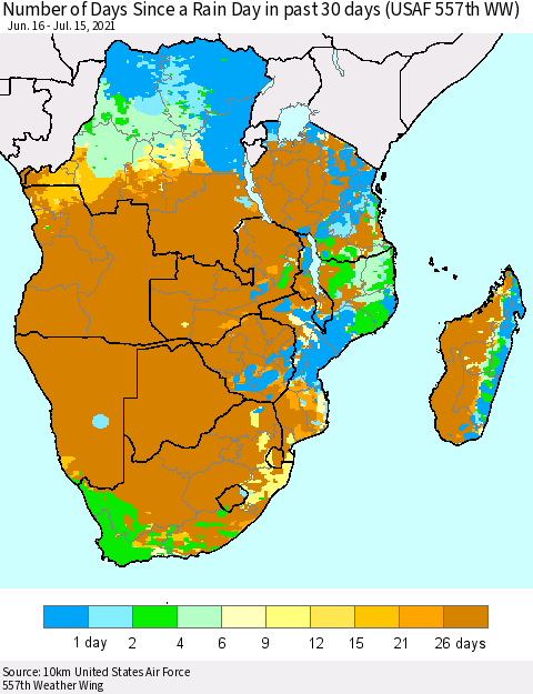 Southern Africa Number of Days Since a Rain Day in past 30 days (USAF 557th WW) Thematic Map For 7/11/2021 - 7/15/2021