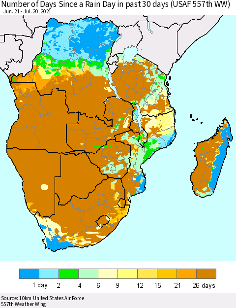 Southern Africa Number of Days Since a Rain Day in past 30 days (USAF 557th WW) Thematic Map For 7/16/2021 - 7/20/2021