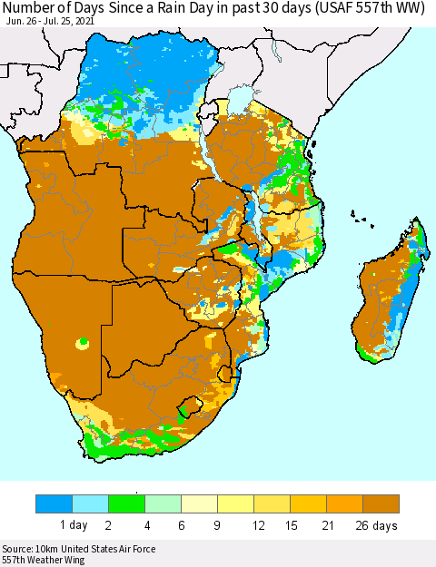 Southern Africa Number of Days Since a Rain Day in past 30 days (USAF 557th WW) Thematic Map For 7/21/2021 - 7/25/2021