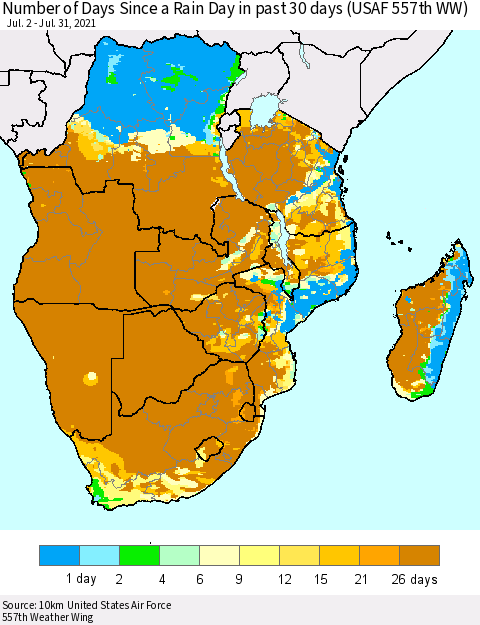 Southern Africa Number of Days Since a Rain Day in past 30 days (USAF 557th WW) Thematic Map For 7/26/2021 - 7/31/2021