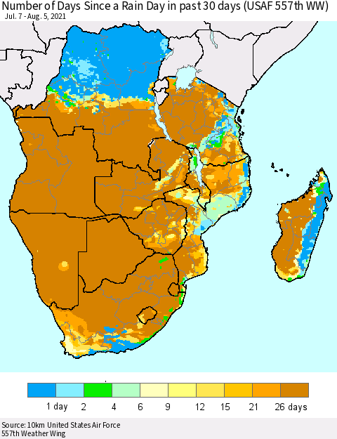 Southern Africa Number of Days Since a Rain Day in past 30 days (USAF 557th WW) Thematic Map For 8/1/2021 - 8/5/2021