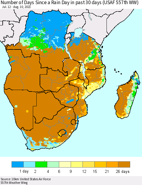 Southern Africa Number of Days Since a Rain Day in past 30 days (USAF 557th WW) Thematic Map For 8/6/2021 - 8/10/2021