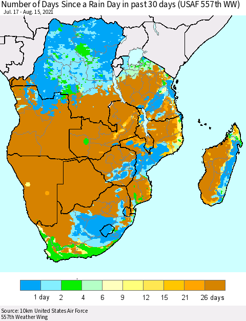 Southern Africa Number of Days Since a Rain Day in past 30 days (USAF 557th WW) Thematic Map For 8/11/2021 - 8/15/2021