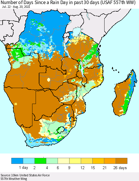 Southern Africa Number of Days Since a Rain Day in past 30 days (USAF 557th WW) Thematic Map For 8/16/2021 - 8/20/2021