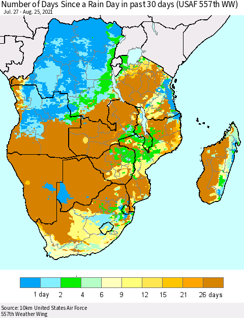 Southern Africa Number of Days Since a Rain Day in past 30 days (USAF 557th WW) Thematic Map For 8/21/2021 - 8/25/2021