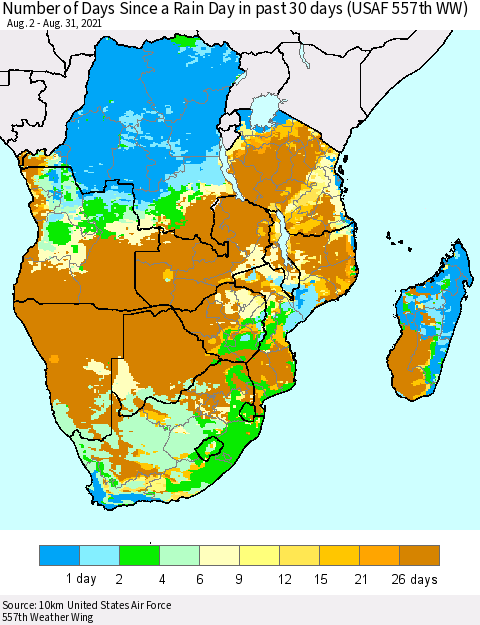 Southern Africa Number of Days Since a Rain Day in past 30 days (USAF 557th WW) Thematic Map For 8/26/2021 - 8/31/2021