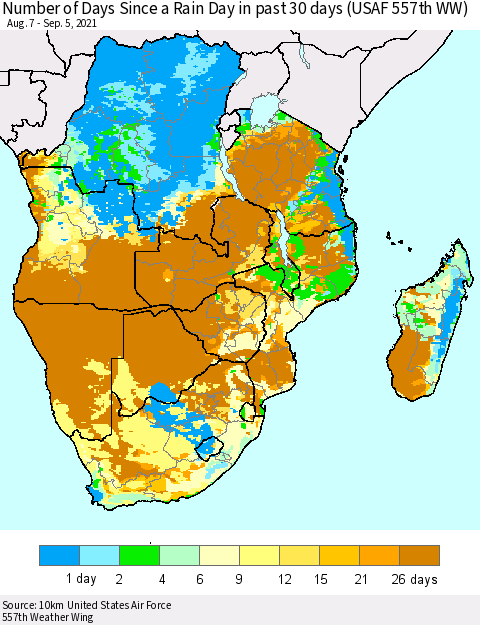 Southern Africa Number of Days Since a Rain Day in past 30 days (USAF 557th WW) Thematic Map For 9/1/2021 - 9/5/2021