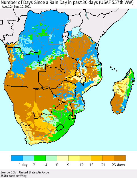 Southern Africa Number of Days Since a Rain Day in past 30 days (USAF 557th WW) Thematic Map For 9/6/2021 - 9/10/2021