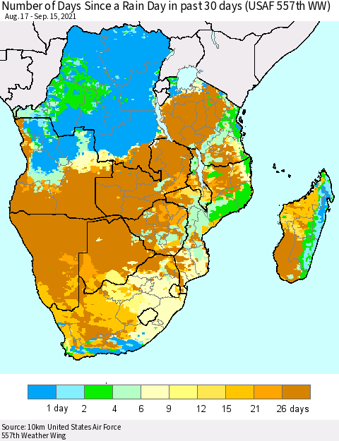 Southern Africa Number of Days Since a Rain Day in past 30 days (USAF 557th WW) Thematic Map For 9/11/2021 - 9/15/2021