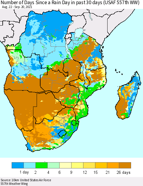 Southern Africa Number of Days Since a Rain Day in past 30 days (USAF 557th WW) Thematic Map For 9/16/2021 - 9/20/2021