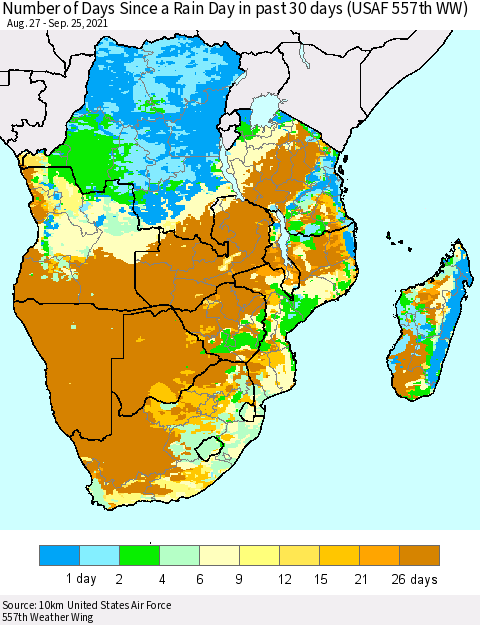 Southern Africa Number of Days Since a Rain Day in past 30 days (USAF 557th WW) Thematic Map For 9/21/2021 - 9/25/2021