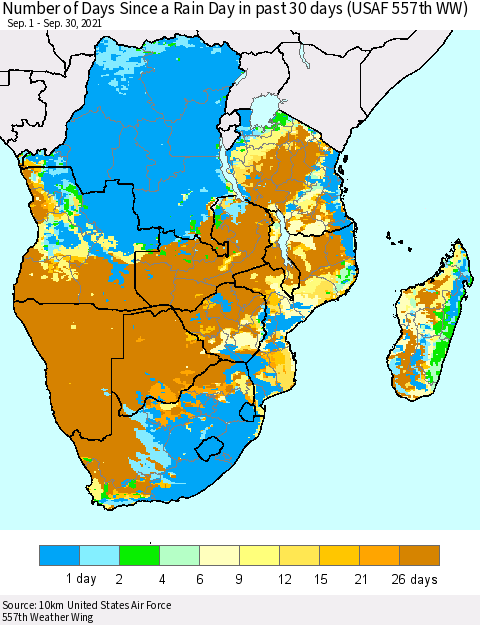 Southern Africa Number of Days Since a Rain Day in past 30 days (USAF 557th WW) Thematic Map For 9/26/2021 - 9/30/2021