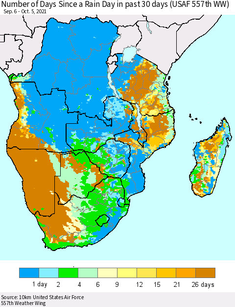 Southern Africa Number of Days Since a Rain Day in past 30 days (USAF 557th WW) Thematic Map For 10/1/2021 - 10/5/2021