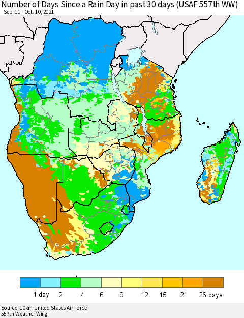 Southern Africa Number of Days Since a Rain Day in past 30 days (USAF 557th WW) Thematic Map For 10/6/2021 - 10/10/2021