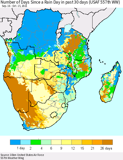 Southern Africa Number of Days Since a Rain Day in past 30 days (USAF 557th WW) Thematic Map For 10/11/2021 - 10/15/2021