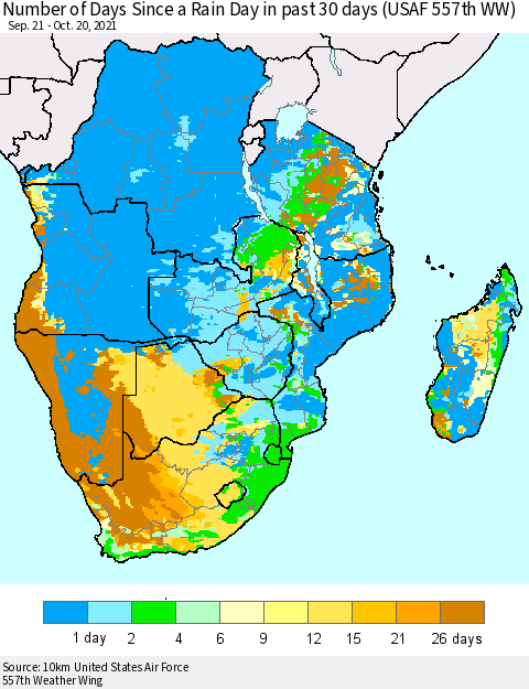 Southern Africa Number of Days Since a Rain Day in past 30 days (USAF 557th WW) Thematic Map For 10/16/2021 - 10/20/2021