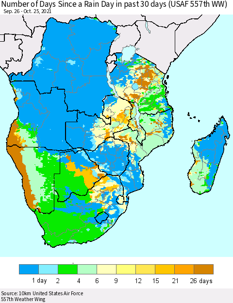 Southern Africa Number of Days Since a Rain Day in past 30 days (USAF 557th WW) Thematic Map For 10/21/2021 - 10/25/2021