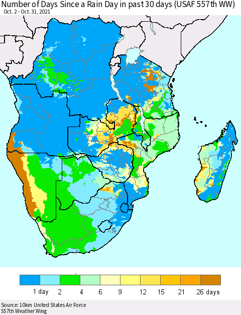 Southern Africa Number of Days Since a Rain Day in past 30 days (USAF 557th WW) Thematic Map For 10/26/2021 - 10/31/2021