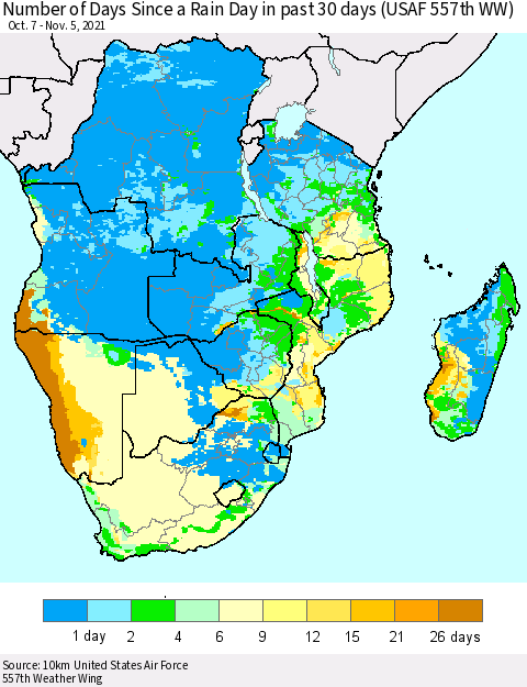 Southern Africa Number of Days Since a Rain Day in past 30 days (USAF 557th WW) Thematic Map For 11/1/2021 - 11/5/2021