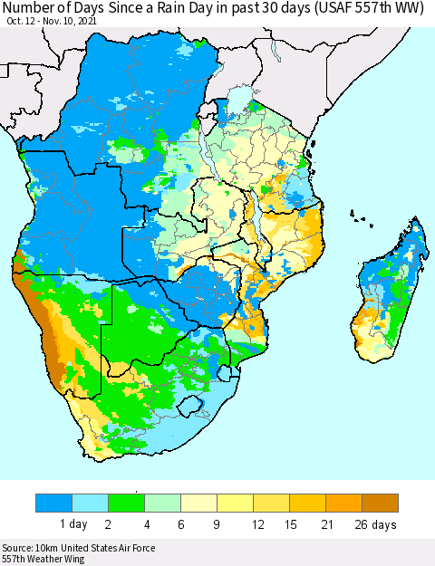 Southern Africa Number of Days Since a Rain Day in past 30 days (USAF 557th WW) Thematic Map For 11/6/2021 - 11/10/2021