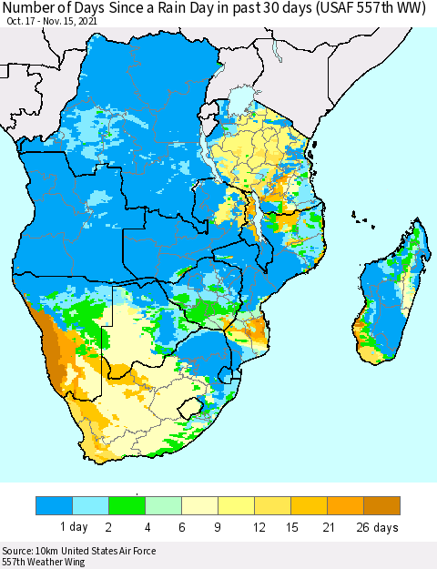 Southern Africa Number of Days Since a Rain Day in past 30 days (USAF 557th WW) Thematic Map For 11/11/2021 - 11/15/2021