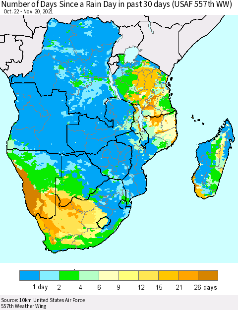 Southern Africa Number of Days Since a Rain Day in past 30 days (USAF 557th WW) Thematic Map For 11/16/2021 - 11/20/2021