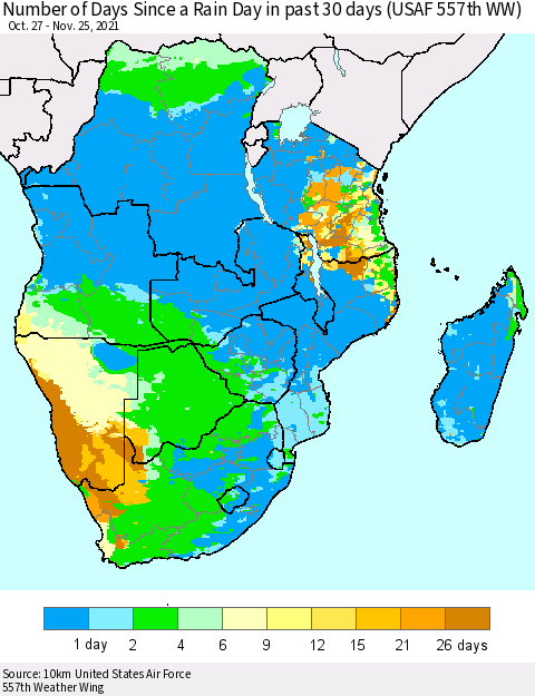 Southern Africa Number of Days Since a Rain Day in past 30 days (USAF 557th WW) Thematic Map For 11/21/2021 - 11/25/2021