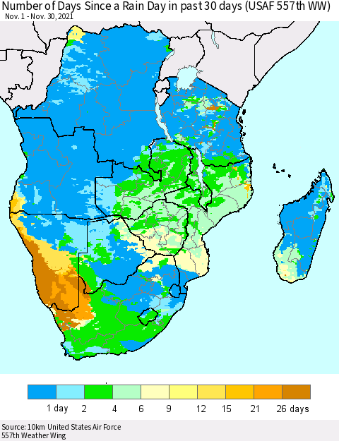 Southern Africa Number of Days Since a Rain Day in past 30 days (USAF 557th WW) Thematic Map For 11/26/2021 - 11/30/2021