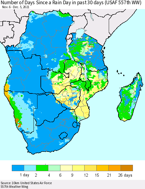 Southern Africa Number of Days Since a Rain Day in past 30 days (USAF 557th WW) Thematic Map For 12/1/2021 - 12/5/2021