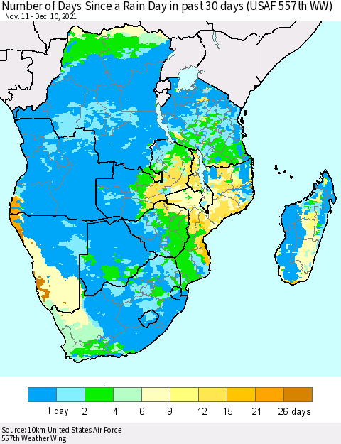 Southern Africa Number of Days Since a Rain Day in past 30 days (USAF 557th WW) Thematic Map For 12/6/2021 - 12/10/2021
