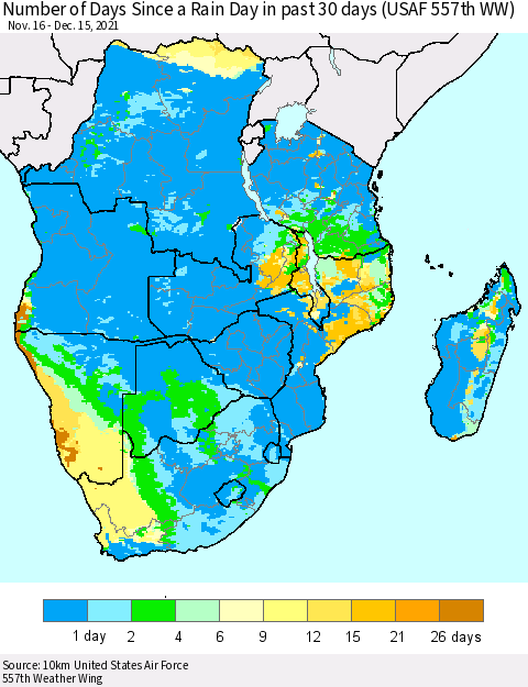 Southern Africa Number of Days Since a Rain Day in past 30 days (USAF 557th WW) Thematic Map For 12/11/2021 - 12/15/2021