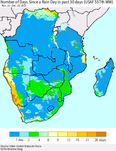 Southern Africa Number of Days Since a Rain Day in past 30 days (USAF 557th WW) Thematic Map For 12/16/2021 - 12/20/2021