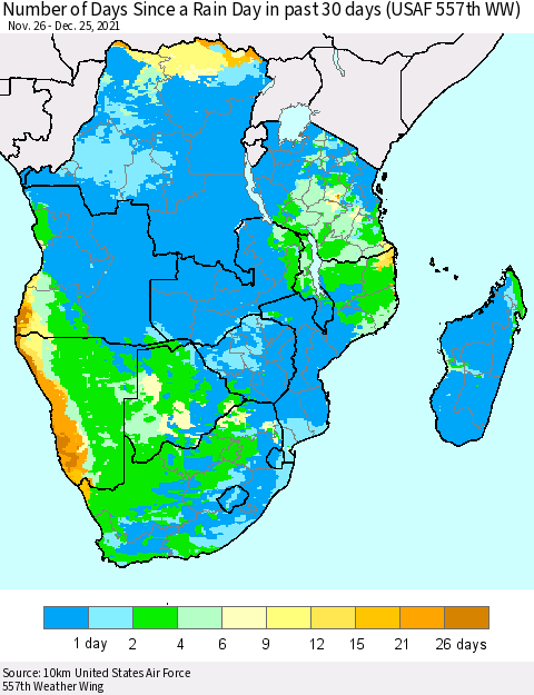 Southern Africa Number of Days Since a Rain Day in past 30 days (USAF 557th WW) Thematic Map For 12/21/2021 - 12/25/2021