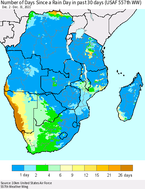 Southern Africa Number of Days Since a Rain Day in past 30 days (USAF 557th WW) Thematic Map For 12/26/2021 - 12/31/2021