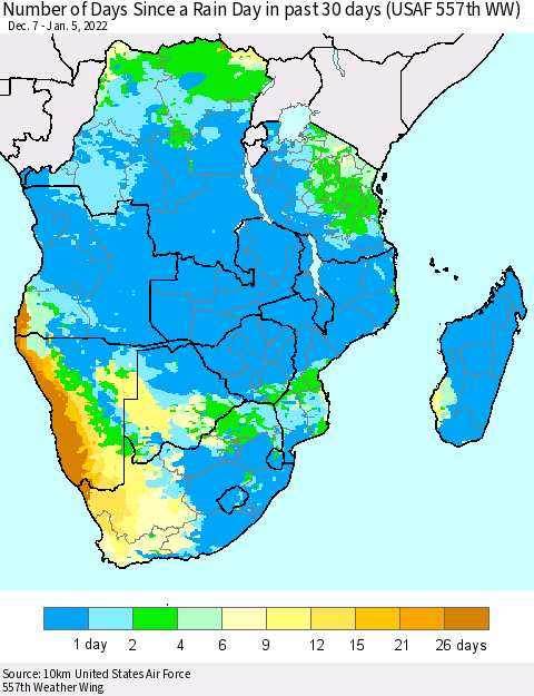 Southern Africa Number of Days Since a Rain Day in past 30 days (USAF 557th WW) Thematic Map For 1/1/2022 - 1/5/2022