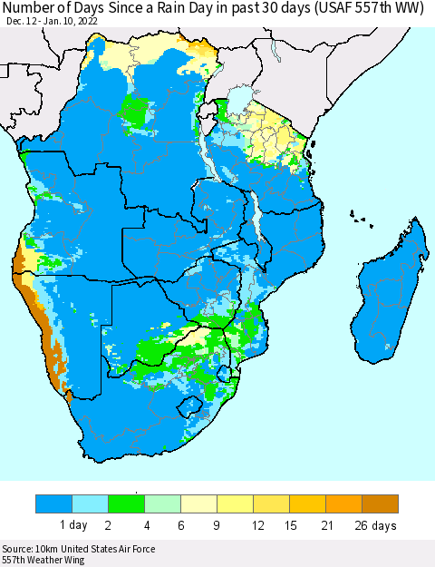 Southern Africa Number of Days Since a Rain Day in past 30 days (USAF 557th WW) Thematic Map For 1/6/2022 - 1/10/2022
