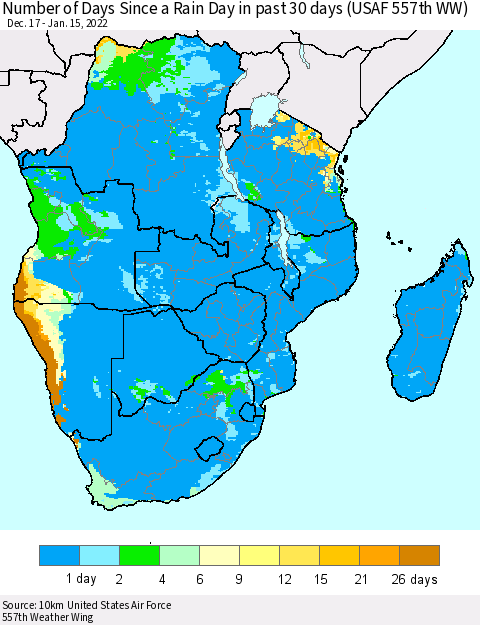Southern Africa Number of Days Since a Rain Day in past 30 days (USAF 557th WW) Thematic Map For 1/11/2022 - 1/15/2022