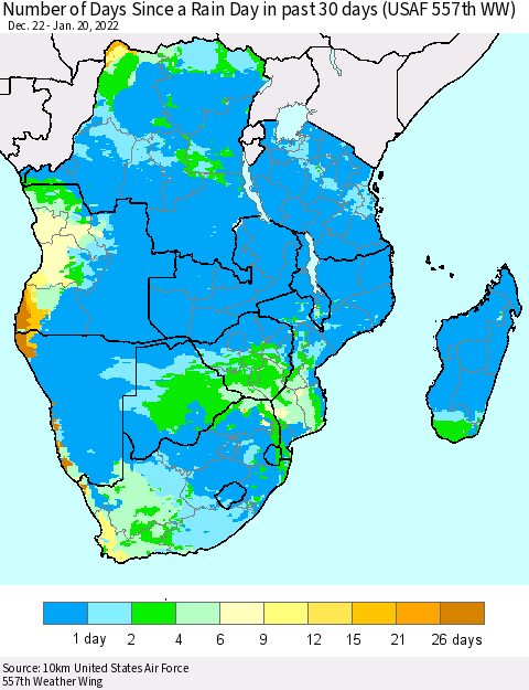 Southern Africa Number of Days Since a Rain Day in past 30 days (USAF 557th WW) Thematic Map For 1/16/2022 - 1/20/2022