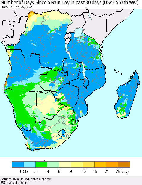 Southern Africa Number of Days Since a Rain Day in past 30 days (USAF 557th WW) Thematic Map For 1/21/2022 - 1/25/2022