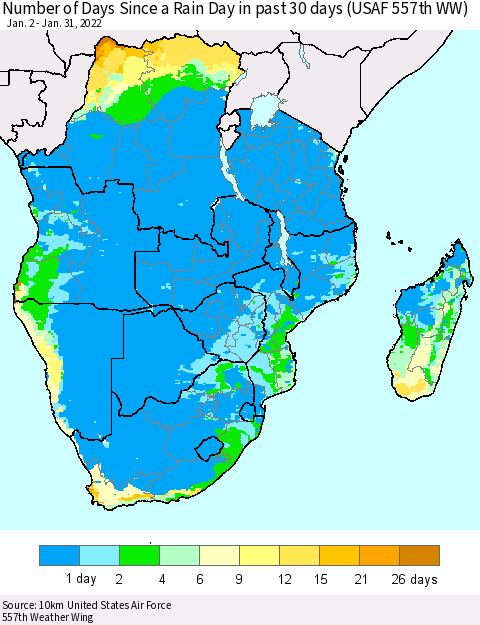 Southern Africa Number of Days Since a Rain Day in past 30 days (USAF 557th WW) Thematic Map For 1/26/2022 - 1/31/2022
