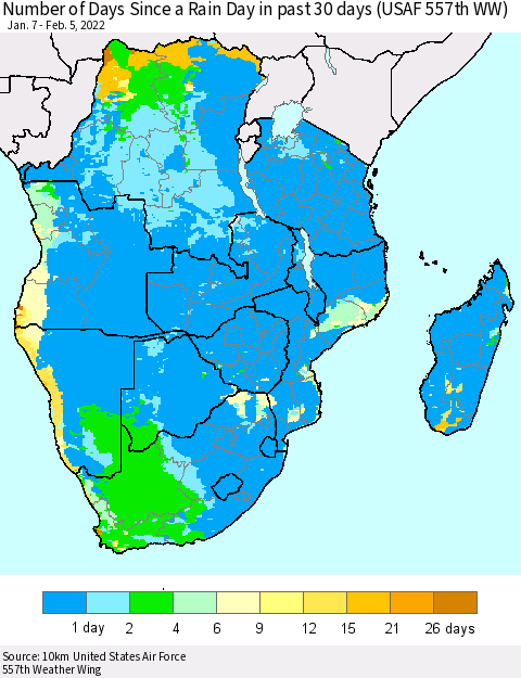 Southern Africa Number of Days Since a Rain Day in past 30 days (USAF 557th WW) Thematic Map For 2/1/2022 - 2/5/2022