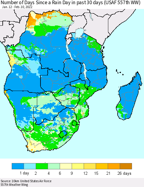 Southern Africa Number of Days Since a Rain Day in past 30 days (USAF 557th WW) Thematic Map For 2/6/2022 - 2/10/2022