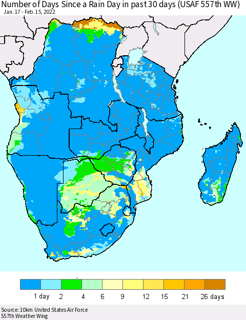 Southern Africa Number of Days Since a Rain Day in past 30 days (USAF 557th WW) Thematic Map For 2/11/2022 - 2/15/2022