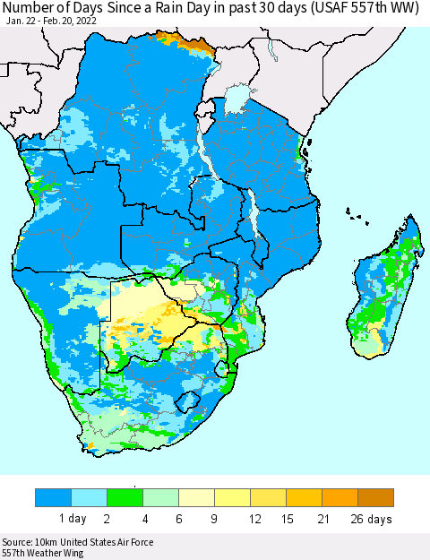 Southern Africa Number of Days Since a Rain Day in past 30 days (USAF 557th WW) Thematic Map For 2/16/2022 - 2/20/2022