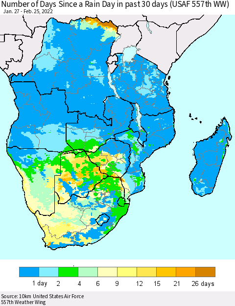 Southern Africa Number of Days Since a Rain Day in past 30 days (USAF 557th WW) Thematic Map For 2/21/2022 - 2/25/2022