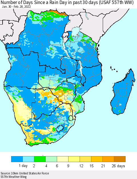 Southern Africa Number of Days Since a Rain Day in past 30 days (USAF 557th WW) Thematic Map For 2/26/2022 - 2/28/2022