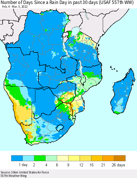 Southern Africa Number of Days Since a Rain Day in past 30 days (USAF 557th WW) Thematic Map For 3/1/2022 - 3/5/2022