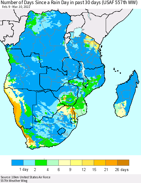 Southern Africa Number of Days Since a Rain Day in past 30 days (USAF 557th WW) Thematic Map For 3/6/2022 - 3/10/2022
