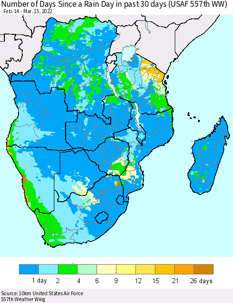 Southern Africa Number of Days Since a Rain Day in past 30 days (USAF 557th WW) Thematic Map For 3/11/2022 - 3/15/2022